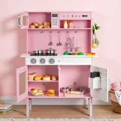 VEVOR Play Kitchen for Kids, Wooden, Kids Kitchen Playset with Real Lights & Sounds, Food & Cookware, Pretend Play Toy Set, Microwave, Oven, Clicking Knobs, for Toddlers, Girls & Boys Ages 3-8, Pink