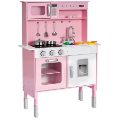 VEVOR Play Kitchen for Kids, Wooden, Kids Kitchen Playset with Real Lights & Sounds, Food & Cookware, Pretend Play Toy Set, Microwave, Oven, Clicking Knobs, for Toddlers, Girls & Boys Ages 3-8, Pink