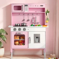 VEVOR Play Kitchen for Kids, Wooden, Kids Kitchen Playset with Real Lights & Sounds, Food & Cookware, Pretend Play Toy Set, Microwave, Oven, Clicking Knobs, for Toddlers, Girls & Boys Ages 3-8, Pink