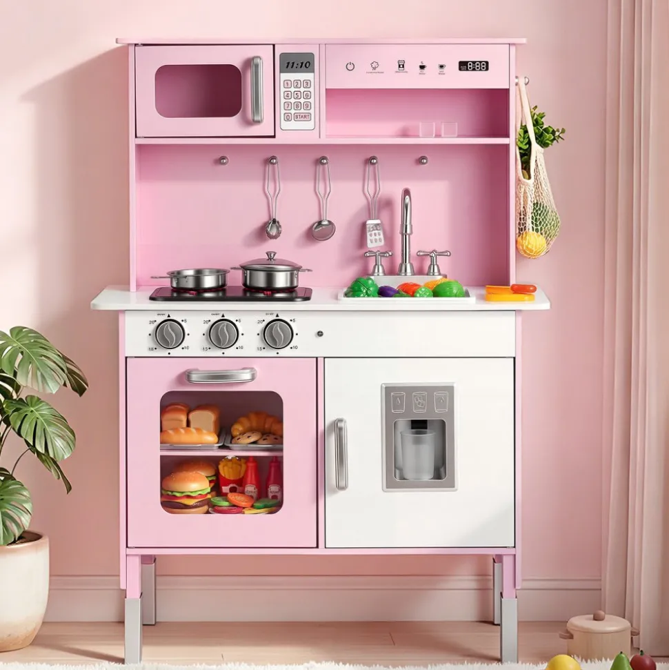 VEVOR Play Kitchen for Kids, Wooden, Kids Kitchen Playset with Real Lights & Sounds, Food & Cookware, Pretend Play Toy Set, Microwave, Oven, Clicking Knobs, for Toddlers, Girls & Boys Ages 3-8, Pink