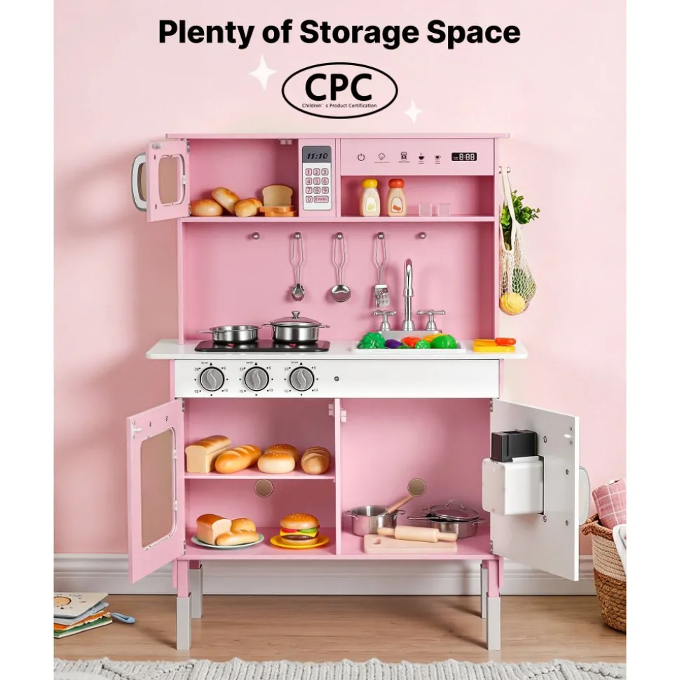VEVOR Play Kitchen for Kids, Wooden, Kids Kitchen Playset with Real Lights & Sounds, Food & Cookware, Pretend Play Toy Set, Microwave, Oven, Clicking Knobs, for Toddlers, Girls & Boys Ages 3-8, Pink