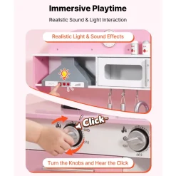 VEVOR Play Kitchen for Kids, Wooden, Kids Kitchen Playset with Real Lights & Sounds, Food & Cookware Accessories, Pretend Play Toy Set, Range Hood, Microwave, for Toddlers, Girls & Boys Ages 3-8, Pink