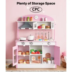 VEVOR Play Kitchen for Kids, Wooden, Kids Kitchen Playset with Real Lights & Sounds, Food & Cookware Accessories, Pretend Play Toy Set, Range Hood, Microwave, for Toddlers, Girls & Boys Ages 3-8, Pink
