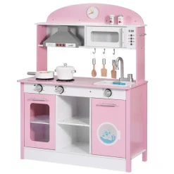VEVOR Play Kitchen for Kids, Wooden, Kids Kitchen Playset with Real Lights & Sounds, Food & Cookware Accessories, Pretend Play Toy Set, Range Hood, Microwave, for Toddlers, Girls & Boys Ages 3-8, Pink
