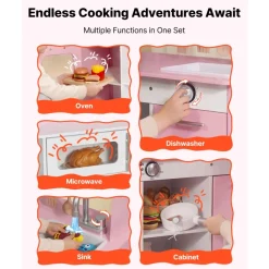 VEVOR Play Kitchen for Kids, Wooden, Kids Kitchen Playset with Real Lights & Sounds, Food & Cookware Accessories, Pretend Play Toy Set, Range Hood, Microwave, for Toddlers, Girls & Boys Ages 3-8, Pink