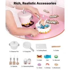 VEVOR Play Kitchen for Kids, Wooden, Kids Kitchen Playset with Real Lights & Sounds, Food & Cookware Accessories, Pretend Play Toy Set, Range Hood, Microwave, for Toddlers, Girls & Boys Ages 3-8, Pink