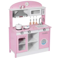 VEVOR Play Kitchen for Kids, Wooden, Kids Kitchen Playset with Real Lights & Sounds, Food & Cookware Accessories, Pretend Play Toy Set, Range Hood, Microwave, for Toddlers, Girls & Boys Ages 3-8, Pink
