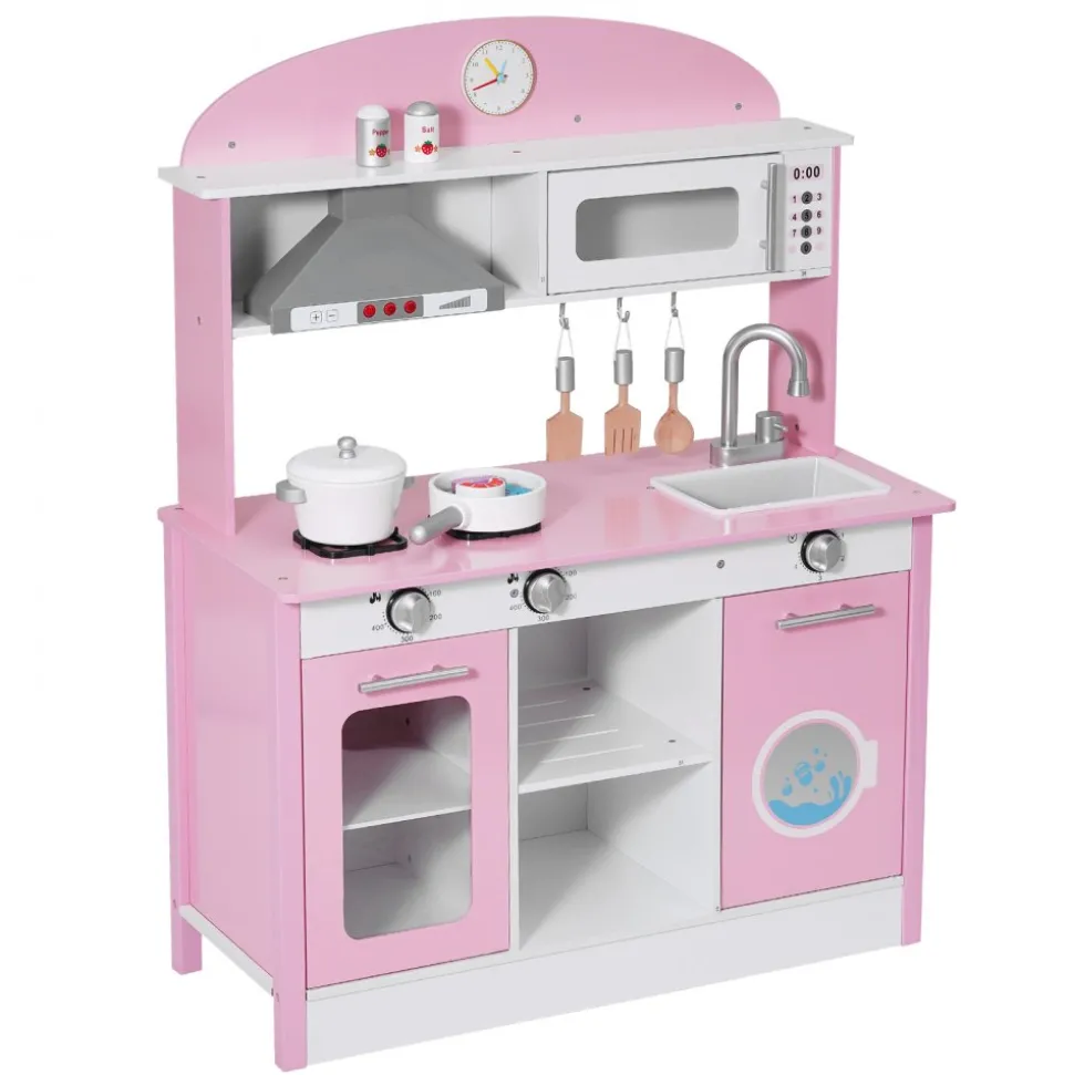 VEVOR Play Kitchen for Kids, Wooden, Kids Kitchen Playset with Real Lights & Sounds, Food & Cookware Accessories, Pretend Play Toy Set, Range Hood, Microwave, for Toddlers, Girls & Boys Ages 3-8, Pink