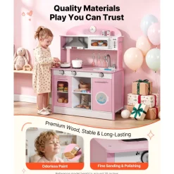 VEVOR Play Kitchen for Kids, Wooden, Kids Kitchen Playset with Real Lights & Sounds, Food & Cookware Accessories, Pretend Play Toy Set, Range Hood, Microwave, for Toddlers, Girls & Boys Ages 3-8, Pink