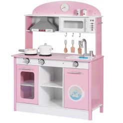 VEVOR Play Kitchen for Kids, Wooden, Kids Kitchen Playset with Real Lights & Sounds, Food & Cookware Accessories, Pretend Play Toy Set, Range Hood, Microwave, for Toddlers, Girls & Boys Ages 3-8, Pink