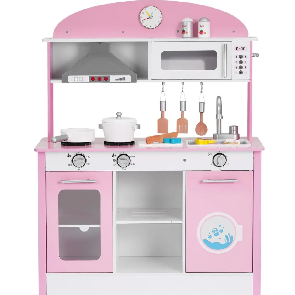 VEVOR Play Kitchen for Kids, Wooden, Kids Kitchen Playset with Real Lights & Sounds, Food & Cookware Accessories, Pretend Play Toy Set, Range Hood, Microwave, for Toddlers, Girls & Boys Ages 3-8, Pink