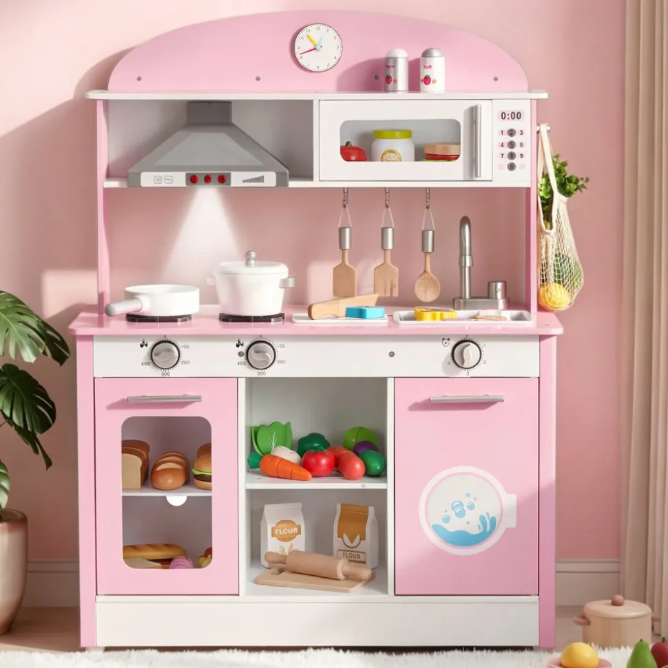 VEVOR Play Kitchen for Kids, Wooden, Kids Kitchen Playset with Real Lights & Sounds, Food & Cookware Accessories, Pretend Play Toy Set, Range Hood, Microwave, for Toddlers, Girls & Boys Ages 3-8, Pink