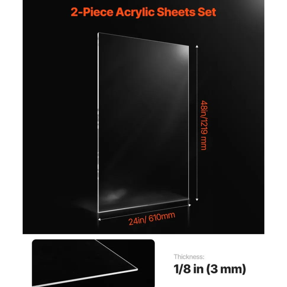 VEVOR Plexiglass Acrylic Sheets, 2-Pack Plastic Sheet, 24 x 48 Inch 1/8 Inch Thick Clear Plastic Cast Transparent Glass for Crafting Projects, Replacement Picture Frame Glass, DIY Display, Easy to Cut