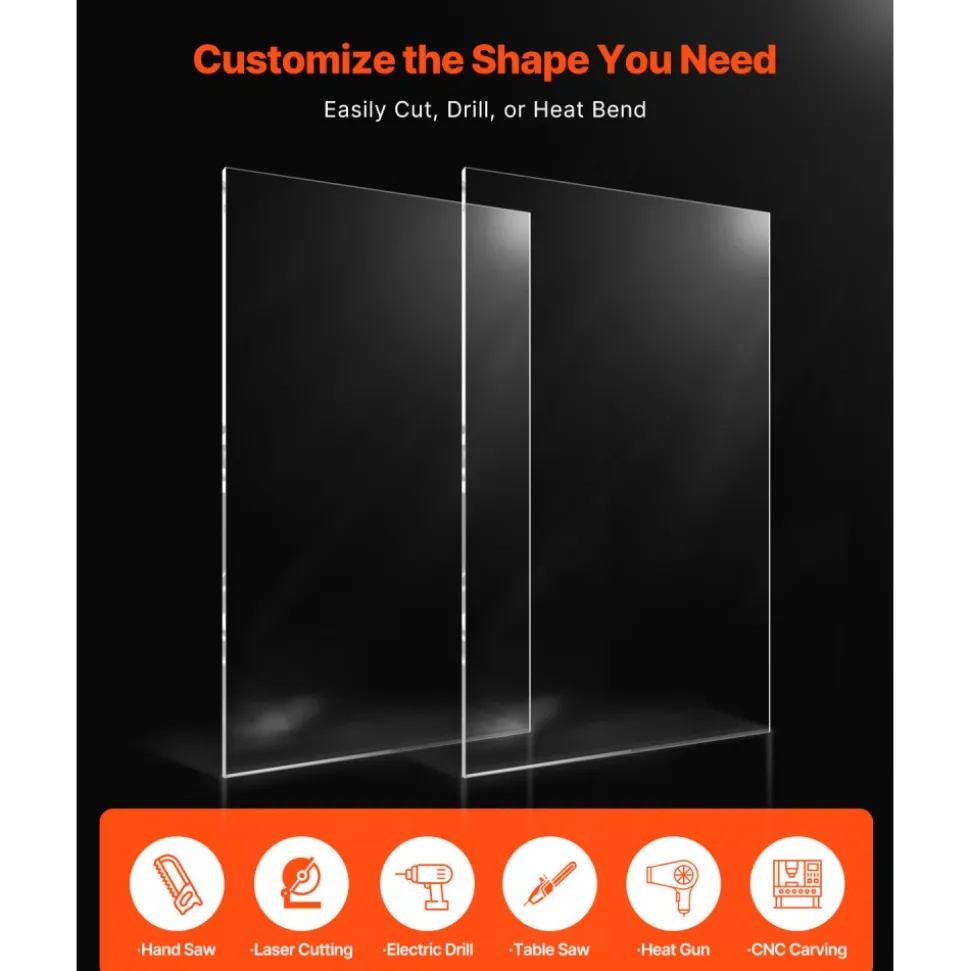 VEVOR Plexiglass Acrylic Sheets, 2-Pack Plastic Sheet, 24 x 48 Inch 1/8 Inch Thick Clear Plastic Cast Transparent Glass for Crafting Projects, Replacement Picture Frame Glass, DIY Display, Easy to Cut