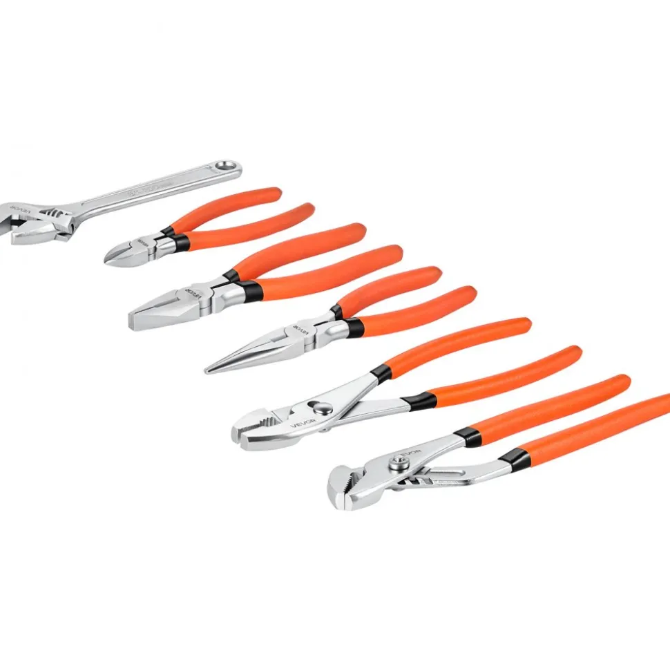 VEVOR Pliers and Wrench Set 6-Piece Utility Set Polished Carbon Steel Jaw, Hand Tools for DIY & Home Use, 10" Groove Joint, 10" Slip Joint, 8" Long Nose, 8" Combination, 6" Diagonal Pliers, 8" Wrench