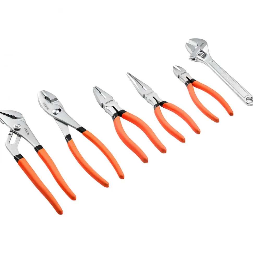 VEVOR Pliers and Wrench Set 6-Piece Utility Set Polished Carbon Steel Jaw, Hand Tools for DIY & Home Use, 10" Groove Joint, 10" Slip Joint, 8" Long Nose, 8" Combination, 6" Diagonal Pliers, 8" Wrench