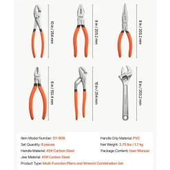 VEVOR Pliers and Wrench Set 6-Piece Utility Set Polished Carbon Steel Jaw, Hand Tools for DIY & Home Use, 10