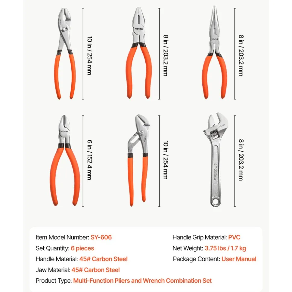 VEVOR Pliers and Wrench Set 6-Piece Utility Set Polished Carbon Steel Jaw, Hand Tools for DIY & Home Use, 10" Groove Joint, 10" Slip Joint, 8" Long Nose, 8" Combination, 6" Diagonal Pliers, 8" Wrench