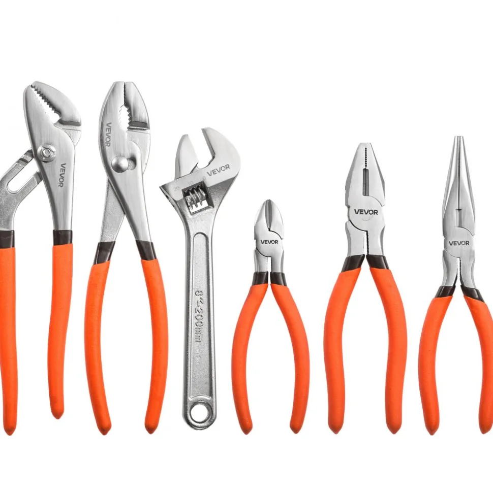 VEVOR Pliers and Wrench Set 6-Piece Utility Set Polished Carbon Steel Jaw, Hand Tools for DIY & Home Use, 10" Groove Joint, 10" Slip Joint, 8" Long Nose, 8" Combination, 6" Diagonal Pliers, 8" Wrench