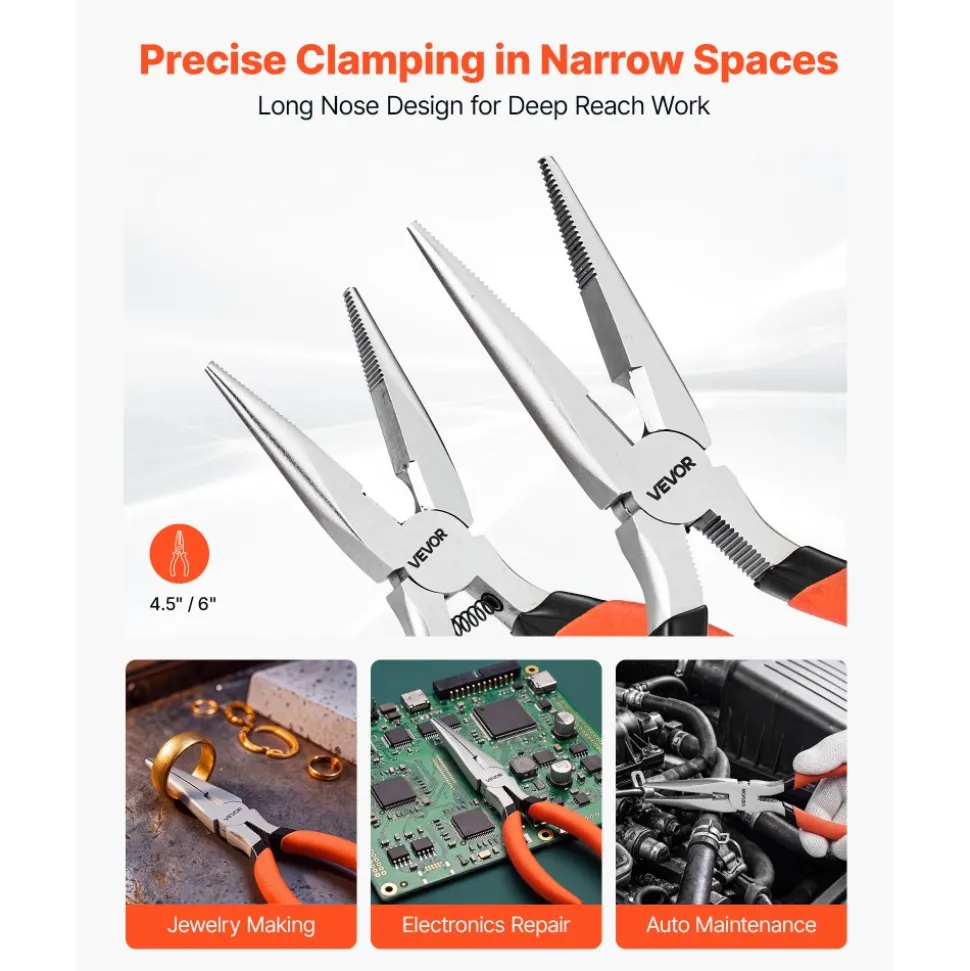 VEVOR Pliers Set 7-Piece Utility Set Polished Carbon Steel Jaw Hand Tools, For DIY & Home Use, 8" Groove Joint, 7" Combination, 6" Diagonal, 6"/8" Slip Joint, 4.5"/6" Long Nose Pliers, Non-Slip Grips