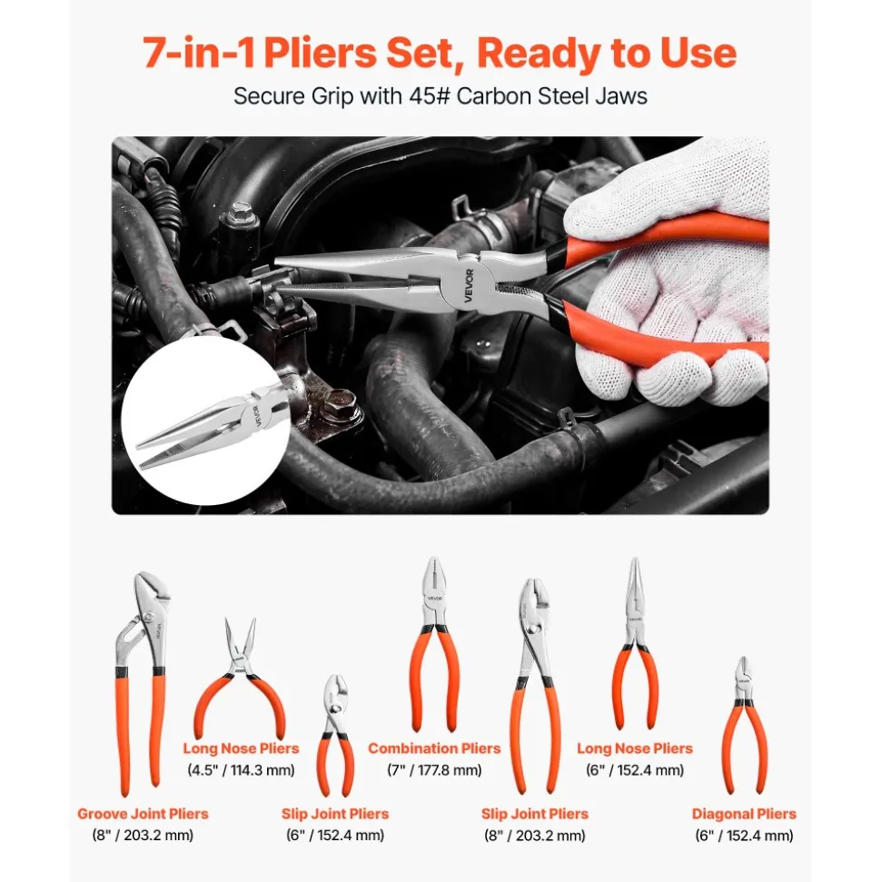 VEVOR Pliers Set 7-Piece Utility Set Polished Carbon Steel Jaw Hand Tools, For DIY & Home Use, 8" Groove Joint, 7" Combination, 6" Diagonal, 6"/8" Slip Joint, 4.5"/6" Long Nose Pliers, Non-Slip Grips