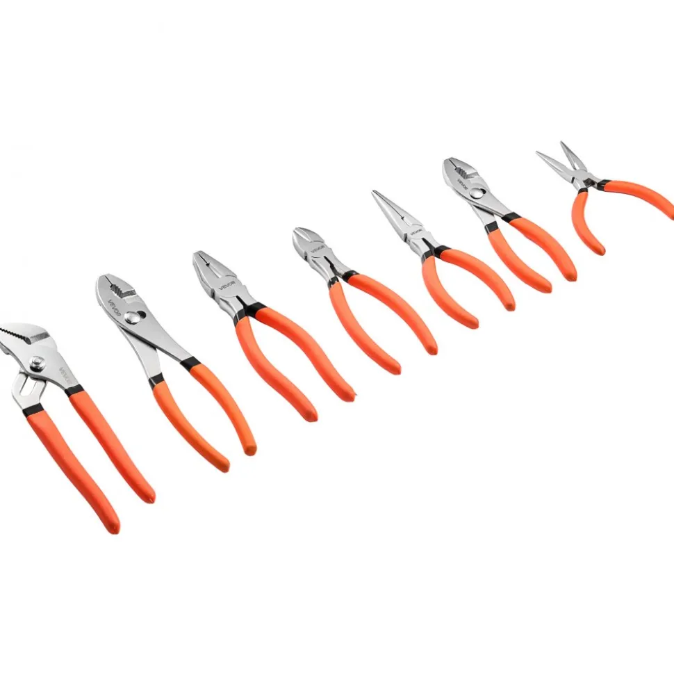 VEVOR Pliers Set 7-Piece Utility Set Polished Carbon Steel Jaw Hand Tools, For DIY & Home Use, 8" Groove Joint, 7" Combination, 6" Diagonal, 6"/8" Slip Joint, 4.5"/6" Long Nose Pliers, Non-Slip Grips