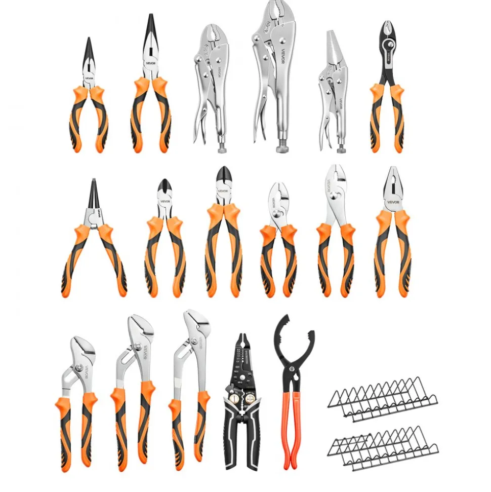 VEVOR Pliers Set 20-Piece Utility Set Polished Carbon Steel Jaw Hand Tools, For DIY & Home Use, Long Nose, Locking, Diagonal, Groove Joint, Snap Ring, Slip Joint Pliers, with 2-Pack Organizer Rack