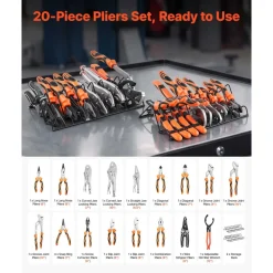 VEVOR Pliers Set 20-Piece Utility Set Polished Carbon Steel Jaw Hand Tools, For DIY & Home Use, Long Nose, Locking, Diagonal, Groove Joint, Snap Ring, Slip Joint Pliers, with 2-Pack Organizer Rack