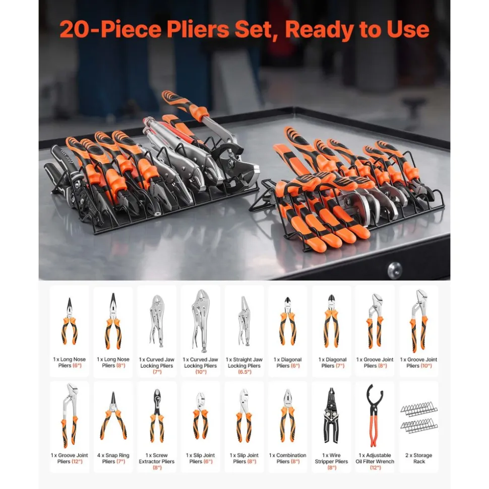 VEVOR Pliers Set 20-Piece Utility Set Polished Carbon Steel Jaw Hand Tools, For DIY & Home Use, Long Nose, Locking, Diagonal, Groove Joint, Snap Ring, Slip Joint Pliers, with 2-Pack Organizer Rack