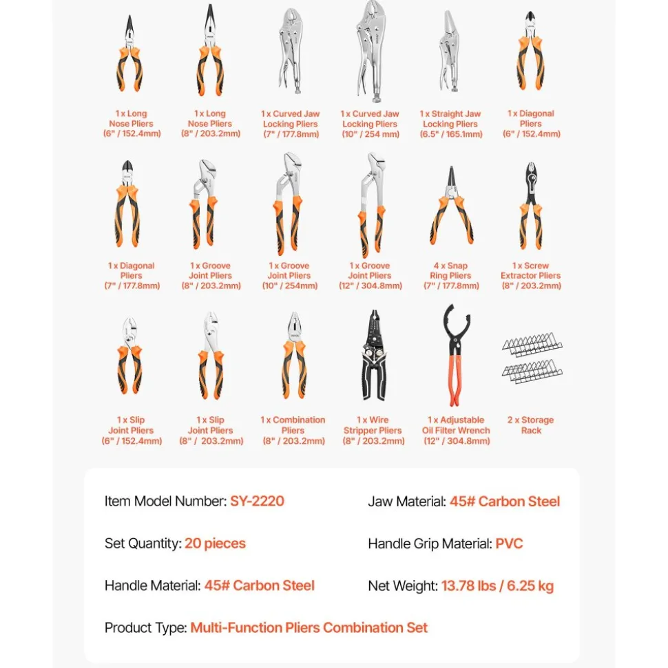 VEVOR Pliers Set 20-Piece Utility Set Polished Carbon Steel Jaw Hand Tools, For DIY & Home Use, Long Nose, Locking, Diagonal, Groove Joint, Snap Ring, Slip Joint Pliers, with 2-Pack Organizer Rack