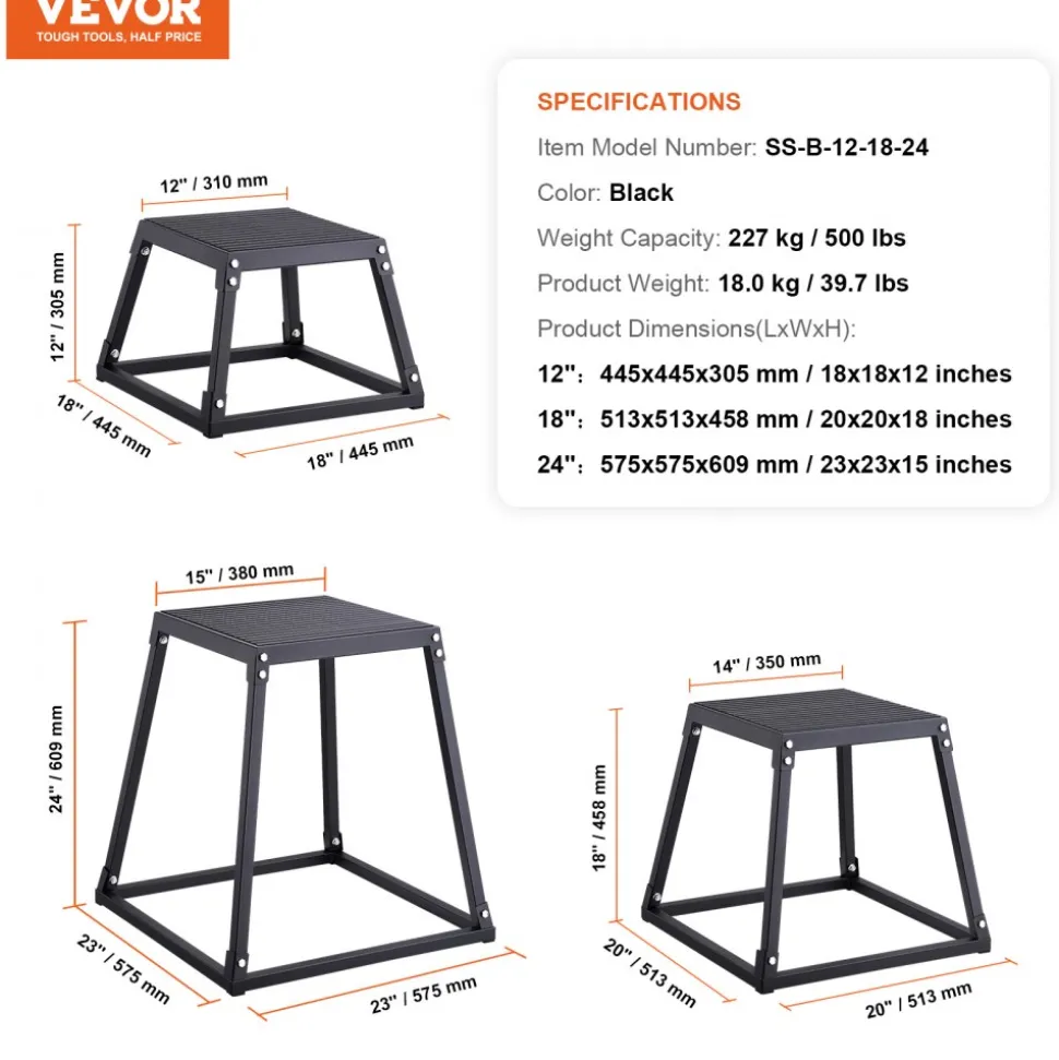 VEVOR Plyometric Jump Boxes, 12/18/24 Inch Plyo Box, Platform and Jumping Agility Box, Anti-Slip Fitness Exercise Step Up Box Set for Home Gym Training, Conditioning Strength Training, Black