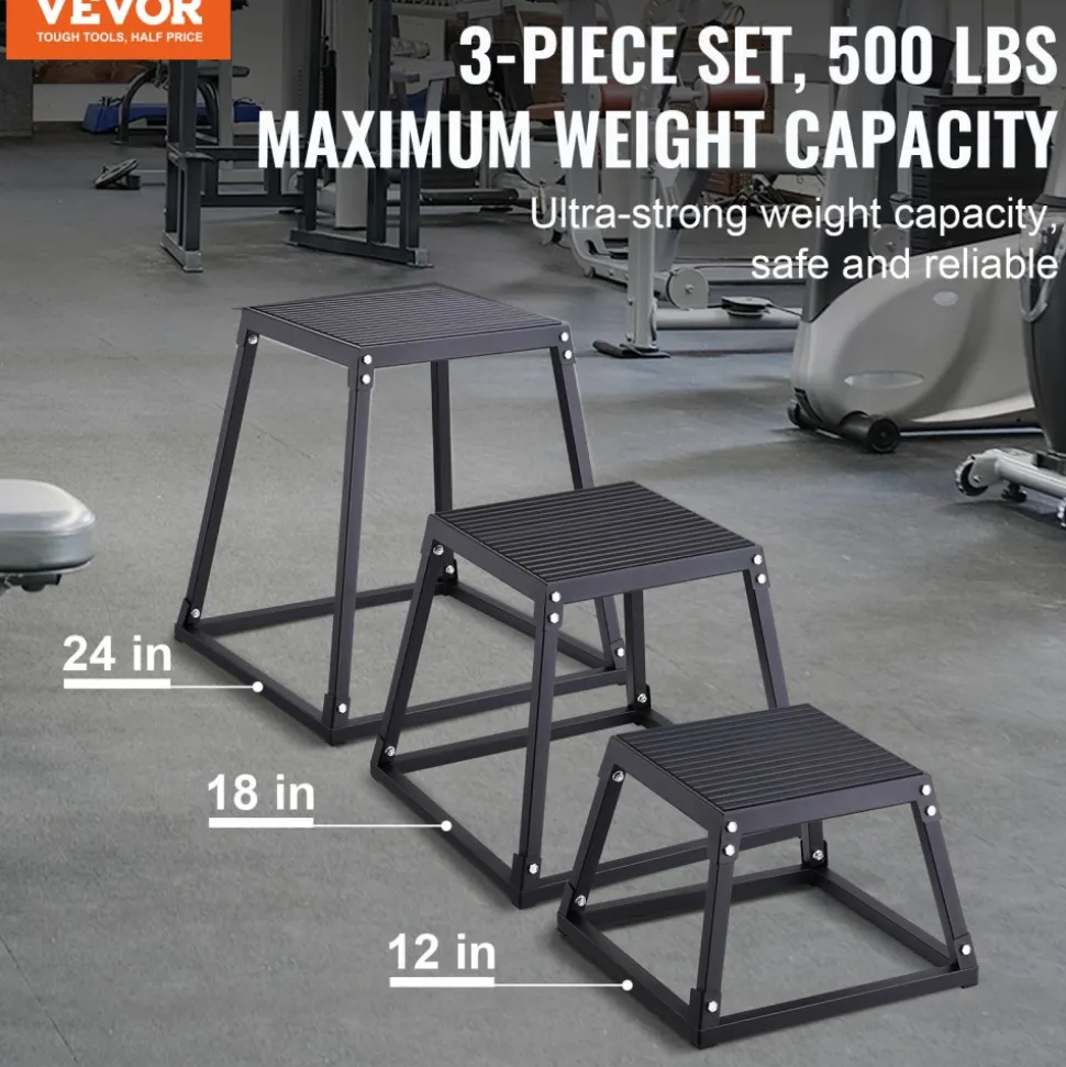 VEVOR Plyometric Jump Boxes, 12/18/24 Inch Plyo Box, Platform and Jumping Agility Box, Anti-Slip Fitness Exercise Step Up Box Set for Home Gym Training, Conditioning Strength Training, Black