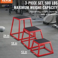 VEVOR Plyometric Jump Boxes, 12/18/24 Inch Plyo Box, Platform and Jumping Agility Box, Anti-Slip Fitness Exercise Step Up Box Set for Home Gym Training, Conditioning Strength Training, Red