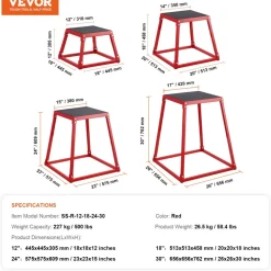 VEVOR Plyometric Jump Boxes, 12/18/24/30 Inch Plyo Box, Platform and Jumping Agility Box, Anti-Slip Fitness Exercise Step Up Box Set for Home Gym Training, Conditioning Strength Training, Red