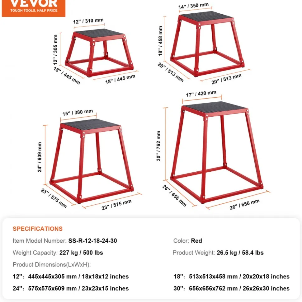 VEVOR Plyometric Jump Boxes, 12/18/24/30 Inch Plyo Box, Platform and Jumping Agility Box, Anti-Slip Fitness Exercise Step Up Box Set for Home Gym Training, Conditioning Strength Training, Red