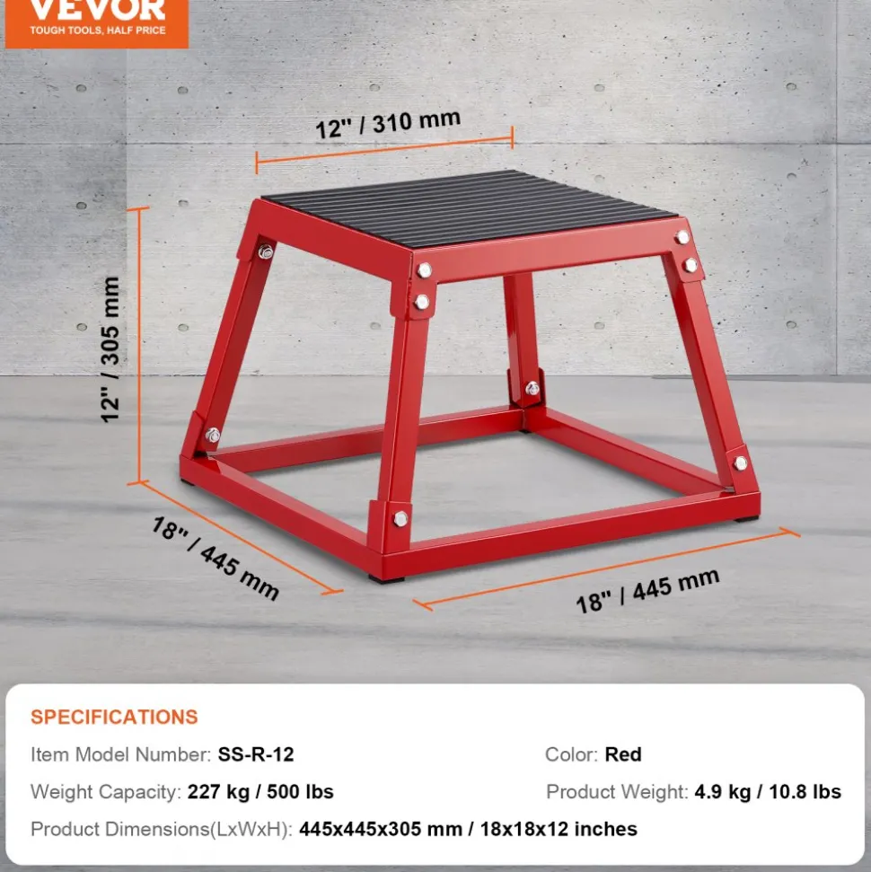 VEVOR Plyometric Jump Box, 12 Inch Plyo Box, Steel Plyometric Platform and Jumping Agility Box, Anti-Slip Fitness Exercise Step Up Box for Home Gym Training, Conditioning Strength Training, Red