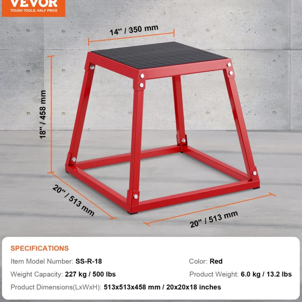 VEVOR Plyometric Jump Box, 18 Inch Plyo Box, Steel Plyometric Platform and Jumping Agility Box, Anti-Slip Fitness Exercise Step Up Box for Home Gym Training, Conditioning Strength Training, Red