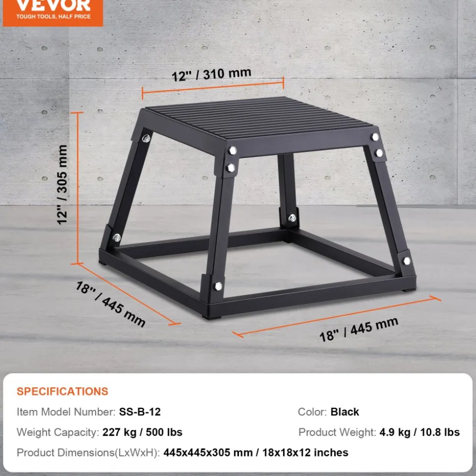 VEVOR Plyometric Jump Box, 12 Inch Plyo Box, Steel Plyometric Platform and Jumping Agility Box, Anti-Slip Fitness Exercise Step Up Box for Home Gym Training, Conditioning Strength Training, Black