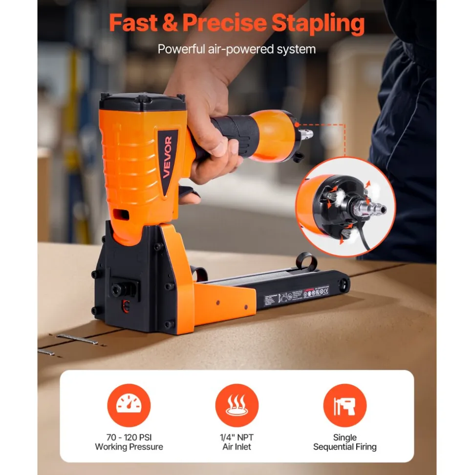 VEVOR Pneumatic Carton Closing Stapler, 13 Gauge Pneumatic Cardboard Staple Gun for 1-3/8 inch Crown 5/8" & 3/4" Length, Depth-Adjustable 70-120 PSI Air Staple Gun for Boxes Carton Closing, Packaging