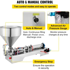 VEVOR Pneumatic Liquid Paste Filling Machine 50-500ML Volume, Horizontal Cream Filling Machine with 30L Hopper, Pneumatic liquid Filling Machine for Water Oil Cream etc