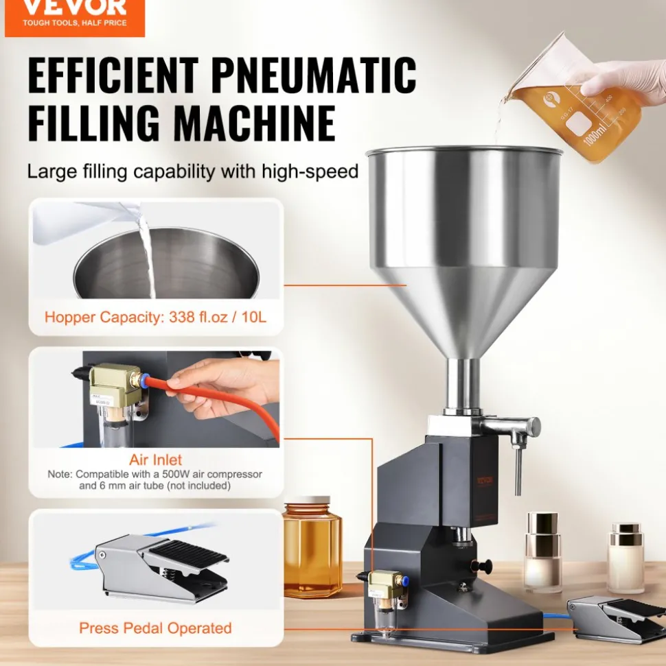 VEVOR Pneumatic Paste Liquid Filling Machine, 5-50ml Bottle Filler, Bottle Filling Machine, Stainless Steel Liquid Filler with Pedal for Milk Water Juice Essential Oil Shampoo Cosmetic Honey Lotion