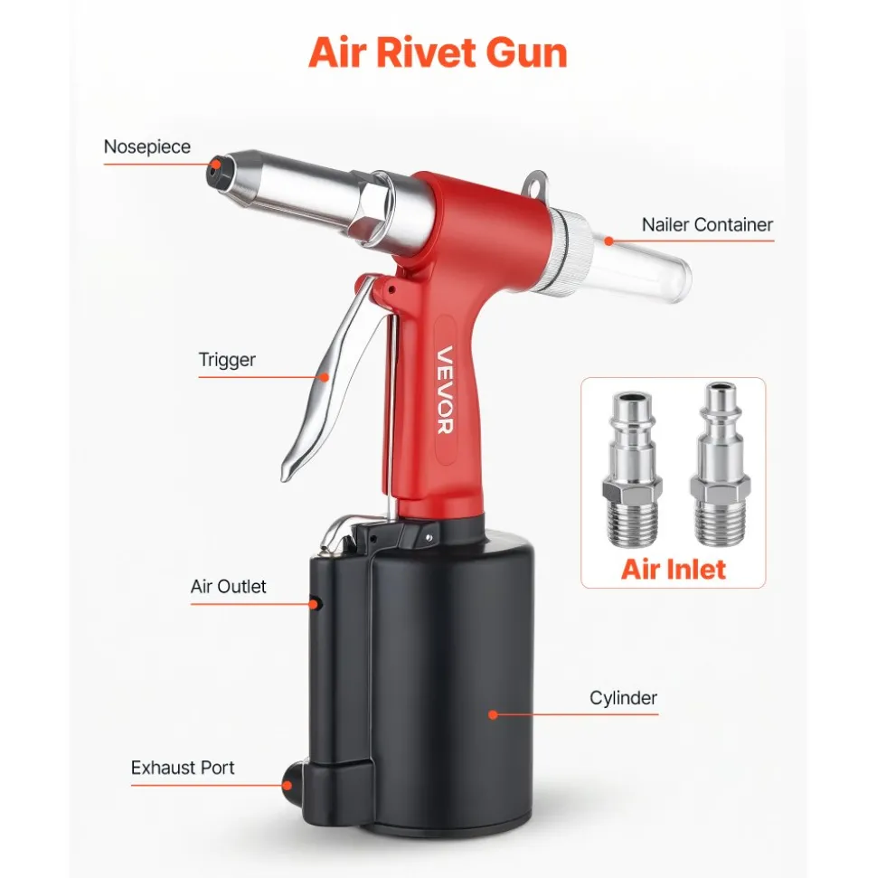 VEVOR Pneumatic Rivet Gun Kit with 3/32" 1/8" 5/32" 3/16" Nosepieces, 2425 LBS Pulling Force, 3-Claw Secure Grip, Air Pop Riveter Tool for Automotive, Construction, Industrial Manufacturing