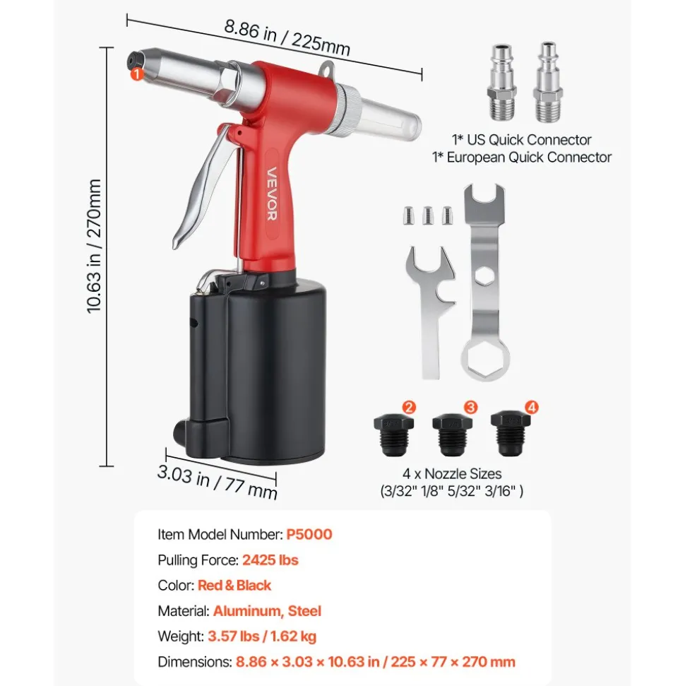 VEVOR Pneumatic Rivet Gun Kit with 3/32" 1/8" 5/32" 3/16" Nosepieces, 2425 LBS Pulling Force, 3-Claw Secure Grip, Air Pop Riveter Tool for Automotive, Construction, Industrial Manufacturing