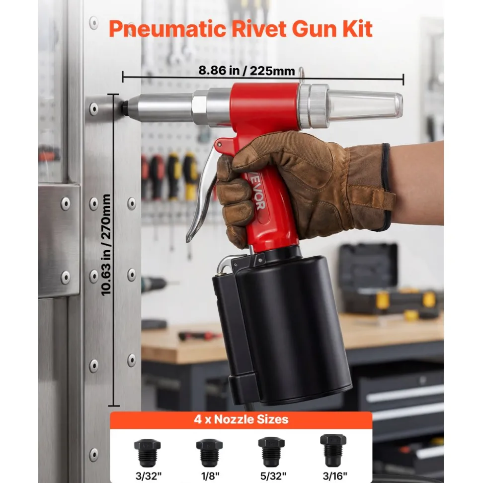 VEVOR Pneumatic Rivet Gun Kit with 3/32" 1/8" 5/32" 3/16" Nosepieces, 2425 LBS Pulling Force, 3-Claw Secure Grip, Air Pop Riveter Tool for Automotive, Construction, Industrial Manufacturing
