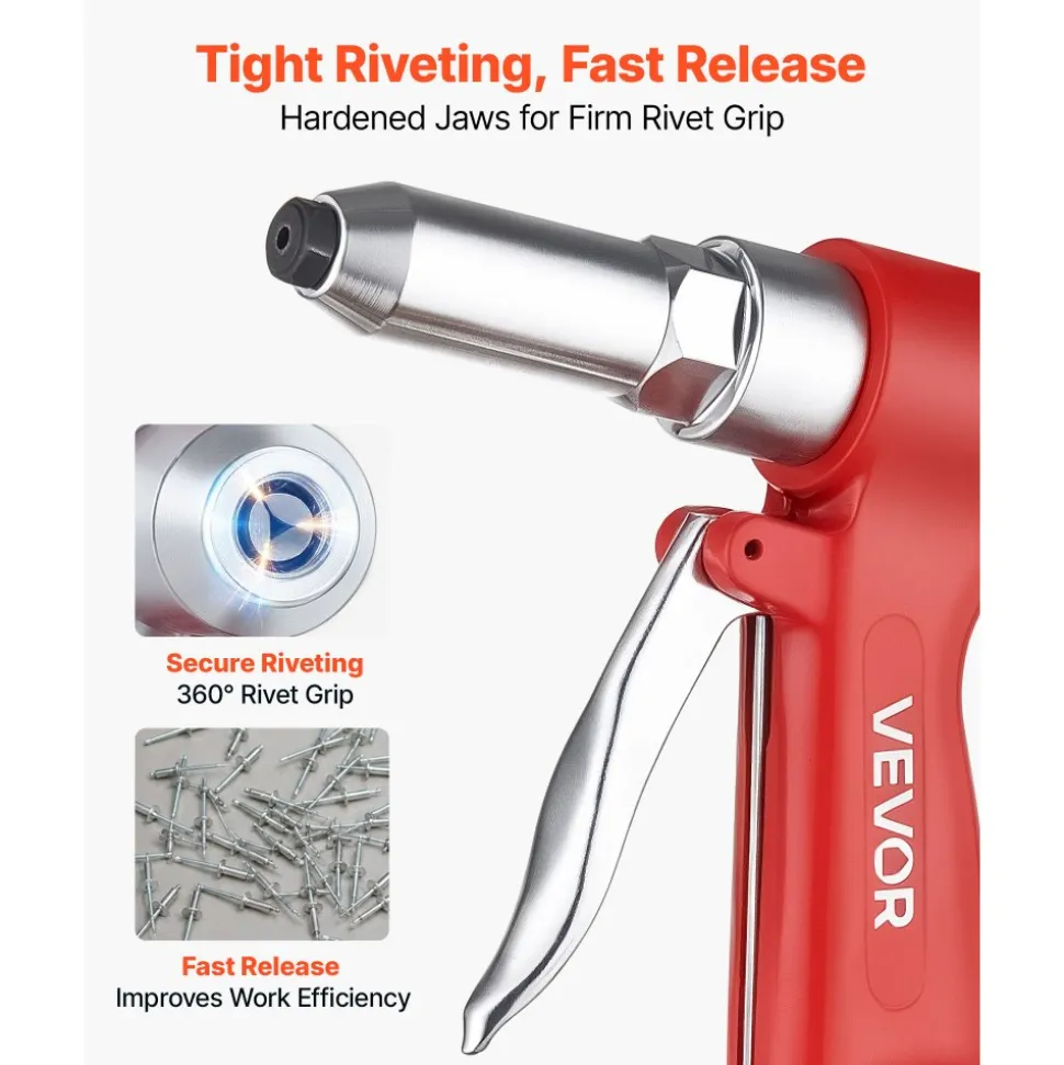 VEVOR Pneumatic Rivet Gun Kit with 3/32" 1/8" 5/32" 3/16" Nosepieces, 2425 LBS Pulling Force, 3-Claw Secure Grip, Air Pop Riveter Tool for Automotive, Construction, Industrial Manufacturing