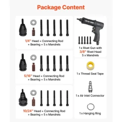 VEVOR Pneumatic Rivet Nut Gun Kit with 1/4" 5/16" 10/24" 3/8" Gun Heads, 20PCS Mandrels, 2500LBS Force, Forward & Reverse Switch, Air Rivet Nut Tool for Auto, Construction, Industrial Manufacturing