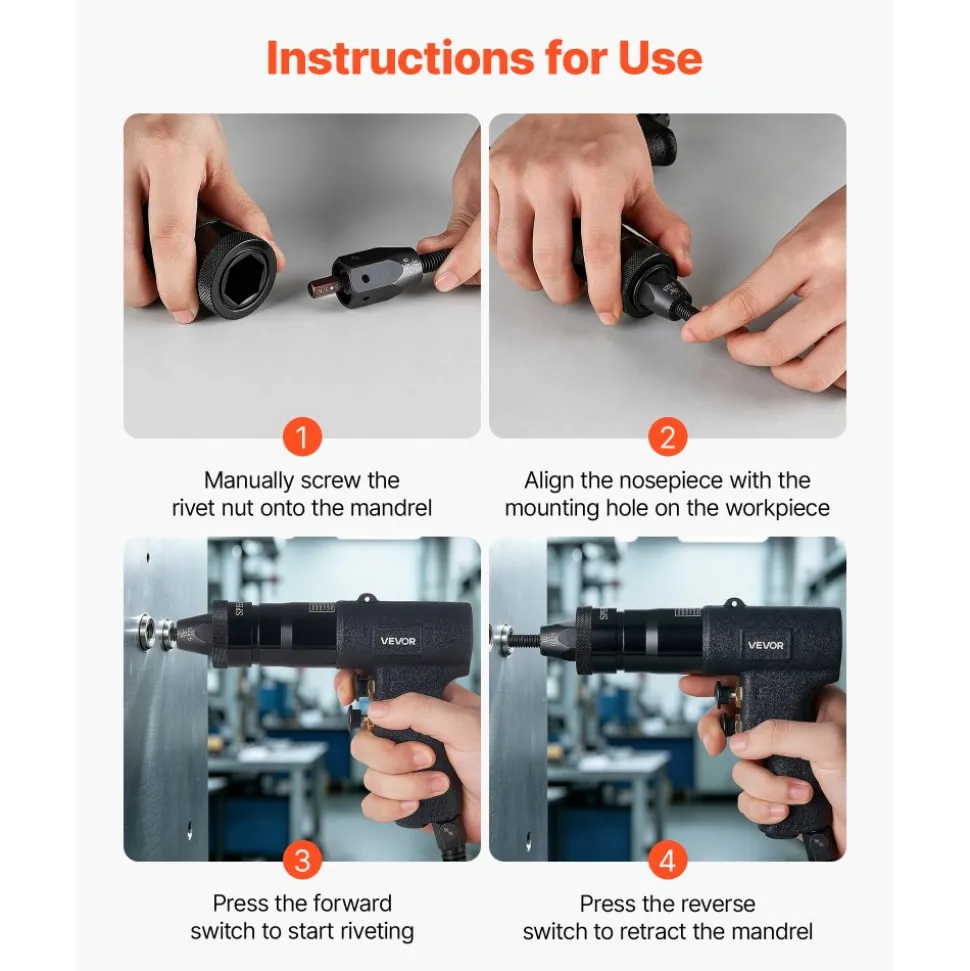 VEVOR Pneumatic Rivet Nut Gun Kit with 1/4" 5/16" 10/24" 3/8" Gun Heads, 20PCS Mandrels, 2500LBS Force, Forward & Reverse Switch, Air Rivet Nut Tool for Auto, Construction, Industrial Manufacturing