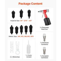 VEVOR Pneumatic Rivet Nut Gun Kit with 8PCS SAE & Metric Gun Heads, M4 M5 M6 M8 M10 1/4