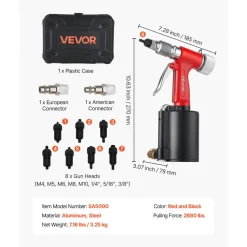 VEVOR Pneumatic Rivet Nut Gun Kit with 8PCS SAE & Metric Gun Heads, M4 M5 M6 M8 M10 1/4