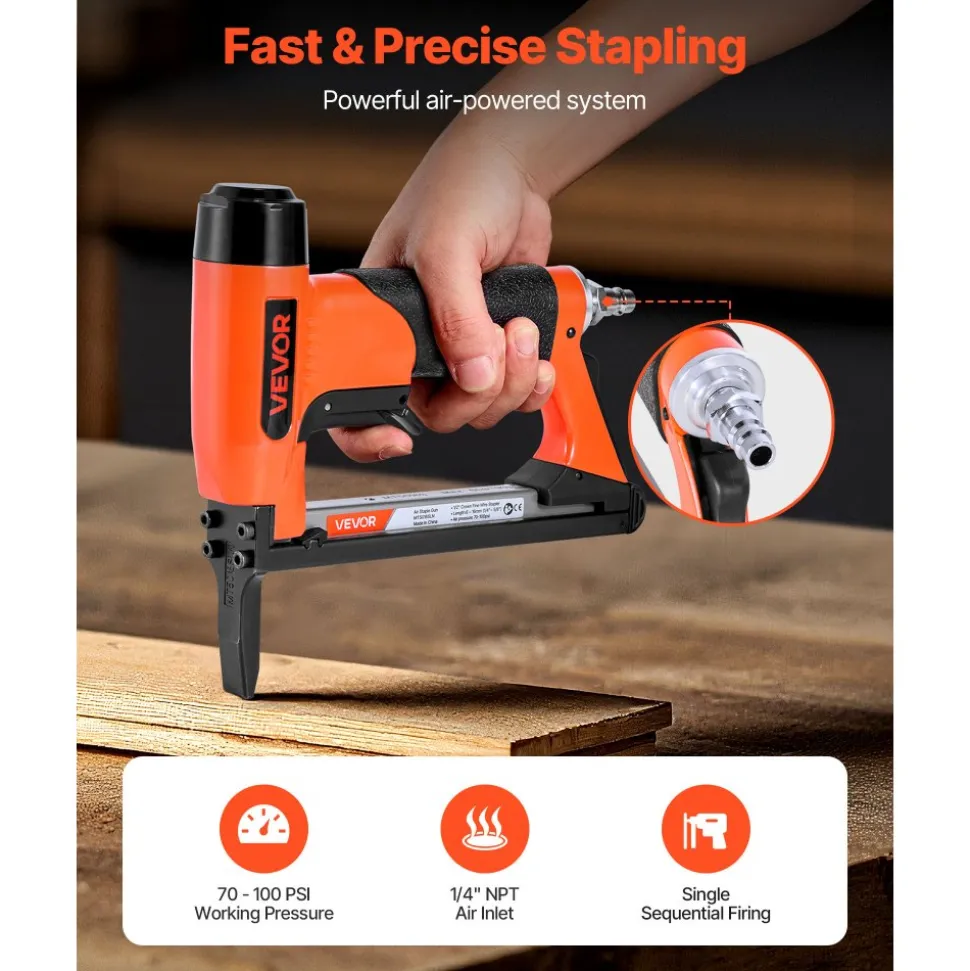 VEVOR Pneumatic Staple Gun, 20 Gauge T50 Pneumatic Upholstery Stapler for 7/16" Crown 5/32"-5/8" Length Staples, 70-110 PSI Air Staple Gun for Woodworking, Upholstering, Fabric, Crafts, DIY Projects